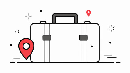 A simple line drawing of a suitcase with a location pin and map marker icons around it for travel or journey concepts