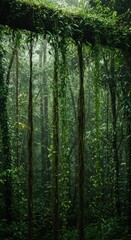 Fototapeta premium Trailing green vines and thick aerial roots descend into humid jungle air, showcasing the resilient and chaotic beauty of nature, close up, growth, vegetation