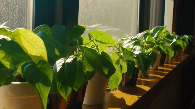 Sunlit row of potted plant houseplant windowsill with glossy green leaf indoor plant basking