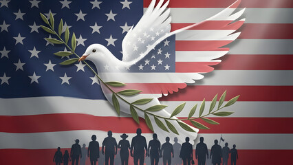 Peaceful American scene with dove holding olive branch