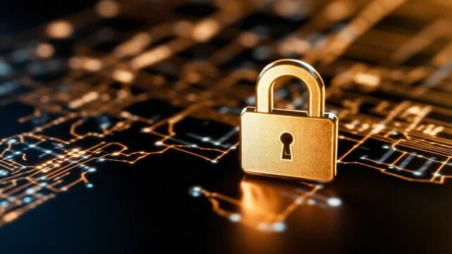 Gold padlock circuit board glowing with warm light, circuit security technology cybersecurity lock