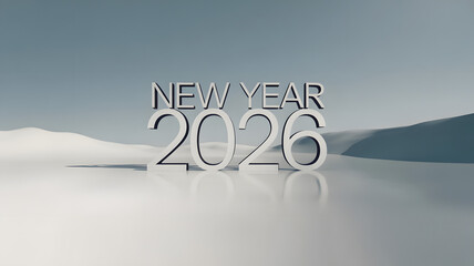 New Year 2026 metallic text in minimalist winter landscape with soft blue gradient and reflective surface for calendar cover