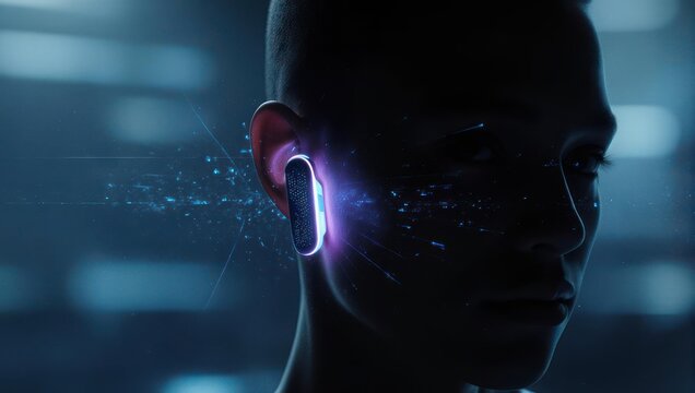Close-up of person's head with glowing earpiece; futuristic, digital interface - Powered by Adobe