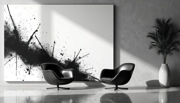 Modern interior with abstract black ink splatter art on canvas. Two black leather armchairs face artwork. Minimalist decor with potted palm in white vase.