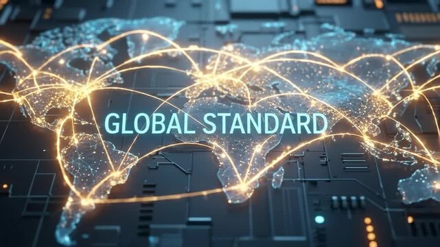 Animated digital world map of glowing networks. Evolving global standard text overlay in changing colors. International connectivity and quality assurance concept for tech visualization. video