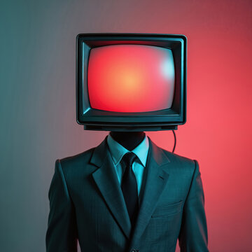 Man with retro TV for head wears formal suit. Red light glows from screen suggesting media control, mind influence, or news addiction concept.