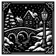 Fototapeta premium Snowy Bridge Village Black and White Engraving Illustration