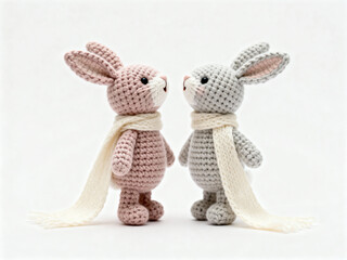 Two handmade crochet bunny toys in pink and gray with white scarves facing each other on a white background