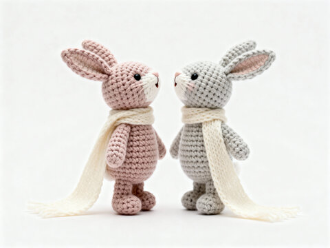 Two handmade crochet bunny toys in pink and gray with white scarves facing each other on a white background - Powered by Adobe