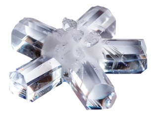 This macro photograph showcases a beautifully detailed snowflake crystal against a transparent background. The delicate structure highlights winter's unique beauty