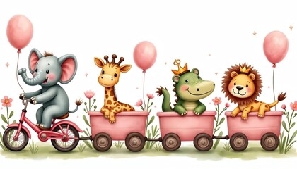 Cute safari animals ride pink wagon train with balloons. Elephant drives bike pulling giraffe, crocodile, lion. Whimsical children watercolor illustration for party decor.