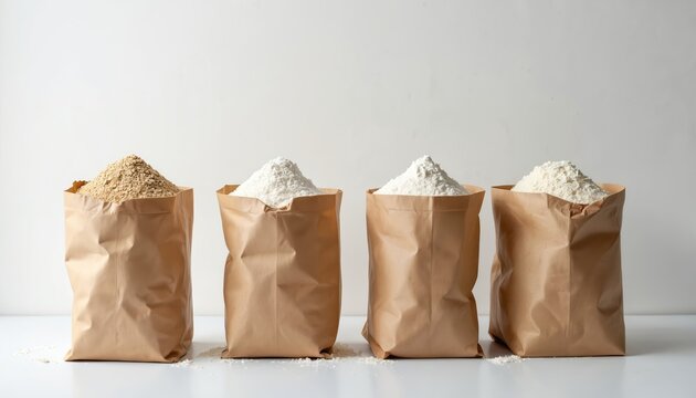 Four brown paper bags filled with various types of flour. Different textures and shades of powder are visible, arranged neatly on a white surface. Suitable for baking or culinary themes.