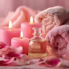 pink scented glowing candles and massage oil, generative ai