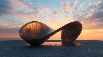 Mobius Strip Sculpture at Sunset Abstract Art by the Sea.