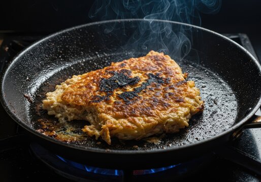 Close view of a completely charred dinner meal stuck to a metal pan after a massive cooking failure resulting in smoke and ruined food, culinary failure, metalware, destruction