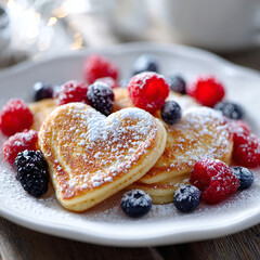 heart shaped pancakes with berries, generative ai