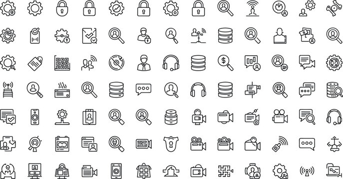 Minimal business technology and security icon set featuring data cloud communication settings analytics devices and digital management symbols in clean outline vector style