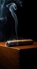 Glowing tip of a premium cigar resting on a glossy, handcrafted wooden humidor. Thick, white smoke rises slowly in a dark setting ,vintage ,smoke ,handrolled