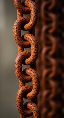 Heavy gauge metal chain links covered in deep orange and brown rust, showing severe oxidation and neglected decay over time, weathering, steel, grunge