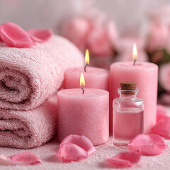 pink scented glowing candles and massage oil, generative ai
