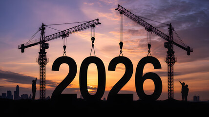 Construction site with cranes lifting 2026 numbers in silhouette against vibrant sunset sky for new year celebration