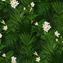 Seamless nature pattern featuring lush green tropical foliage and delicate white blossoms, perfect for textile design or abstract backgrounds, blossom, stem, wilderness