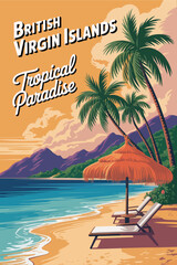 British virgin islands travel poster, depicting a peaceful seaside resort, golden sand beaches, turquoise blue waves, tropical vacation vibes, and a nostalgic vector art design.