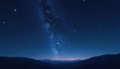 Fototapeta premium Deep blue night sky with many stars and visible Milky Way arching over silhouetted mountain ranges. Distant glowing lights suggest a far off civilization or twilight.