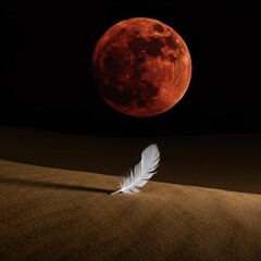 Solitude captured: a single white feather rests on a sculpted sand dune under the eerie, dramatic light of a massive crimson moon dominating the night sky ,minimalism, vulnerability, peaceful