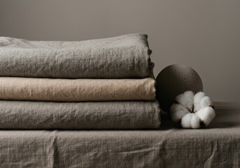 Soft, textured organic cotton and linen textile arrangement fostering deep, quiet rest and tranquility in a simple environment, organic, cotton, ecology