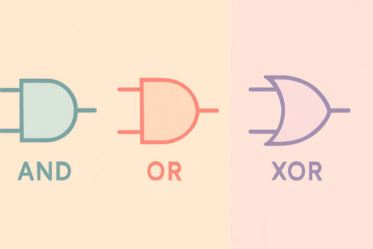 Minimal logic gate symbols AND OR XOR on soft gradient background illustrating digital logic electronics and computer science concept
