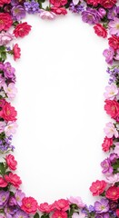 Vibrant spring floral border surrounding a spacious clean white center, perfect template for design, text, invitation, or card background ,botanical, space, decorative