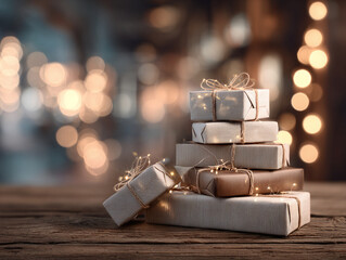 a pile of wrapped gifts with lights bokeh background, generative ai