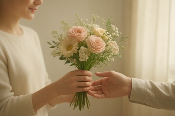 Young woman giving a delicate pastel flower bouquet to a man in a warm light setting for a romantic gift concept and heartfelt appreciation