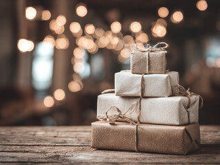 a pile of wrapped gifts with lights bokeh background, generative ai