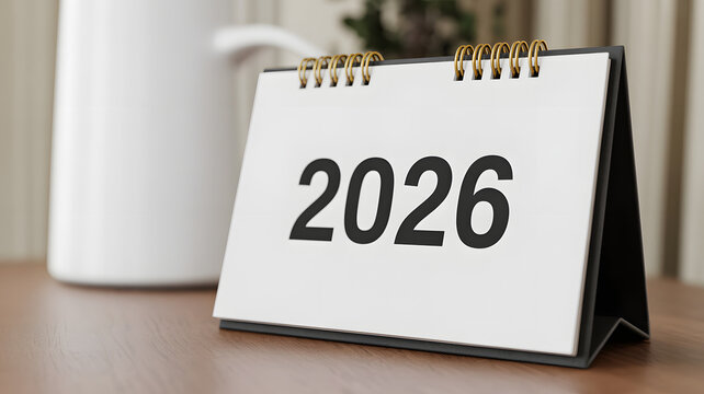 Desk calendar with 2026 date in modern minimalist design with soft natural lighting on wooden table for office organization - Powered by Adobe