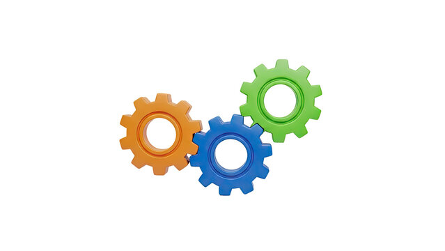 Three interlocking gears in orange, blue, and green on transparent background