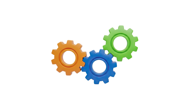 Three interlocking gears in orange, blue, and green on transparent background - Powered by Adobe