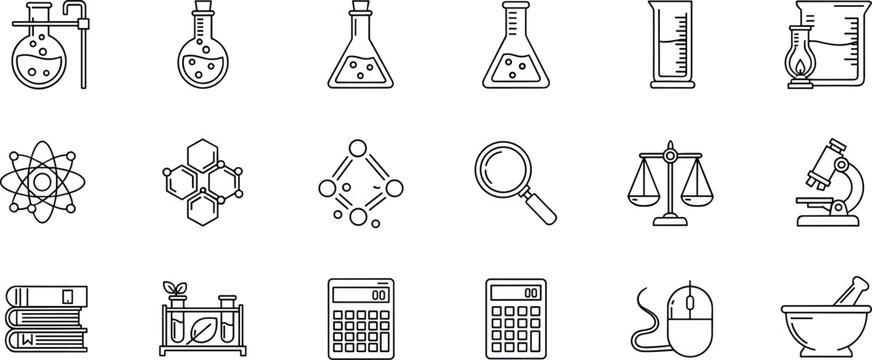 Minimal science and laboratory icon set featuring chemistry glassware research equipment education symbols and scientific analysis elements in clean outline vector style