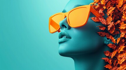 Teal Beauty with Autumn Leaves and Orange Sunglasses Striking Conceptual Portrait.