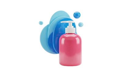 3D Pink pump bottle with blue abstract shapes and spheres on transparent background