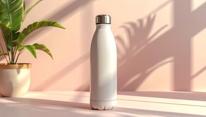 Modern reusable water bottle on pink surface with green plant
