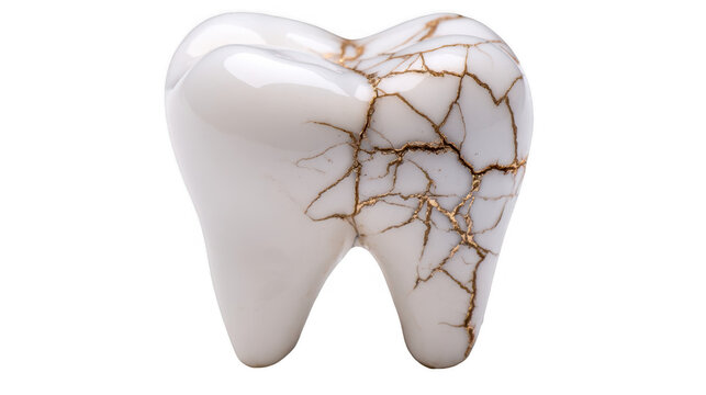 Displaying a white cracked molar with visible enamel damage, illustrating dental health issues and the urgent need for treatment, isolated against a transparent background