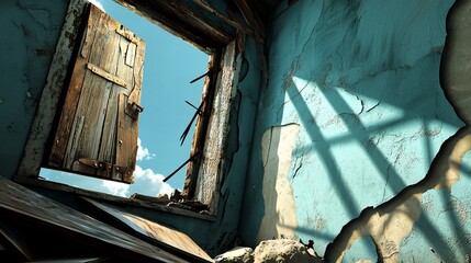Weathered Window Frame with Open Shutter and Blue Sky Abandoned Building Interior.
