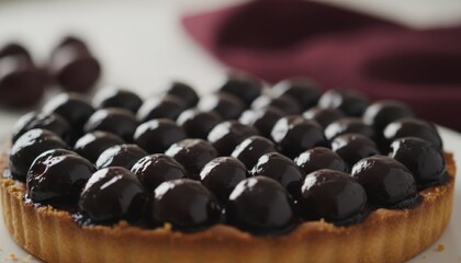 Rich Dark Chocolate Tart Covered in Glossy Chocolate Spheres with a Burgundy Napkin in Soft Lighting