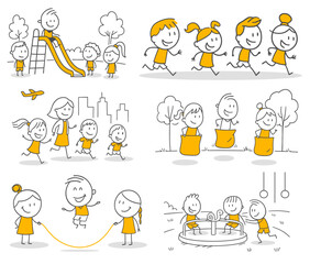 Dynamic movements of cheerful little ones socializing by performing physical activities outdoors on a sunny day.