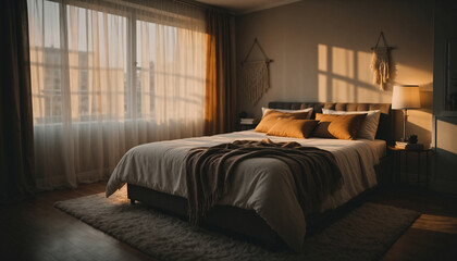 Obraz premium Cozy bedroom bathed in golden sunlight shining through the window