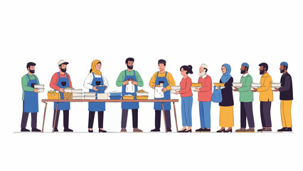 Illustration of diverse people in a line receiving food from volunteers behind a table with a clean white background.