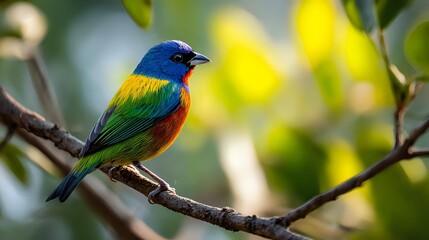 Colorful bird perched on branch with blurred nature background in bright daylight, emphasizing wildlife photography and vibrant natural tones
