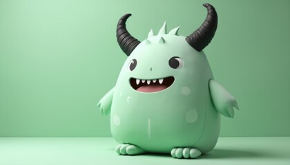 Obraz premium Cute green cartoon monster with black horns sits against a light green backdrop. The plush character has a wide smile showing teeth and big round eyes.